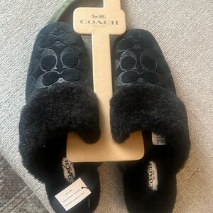 Coach Black Signature Shearling Slip-On Slippers